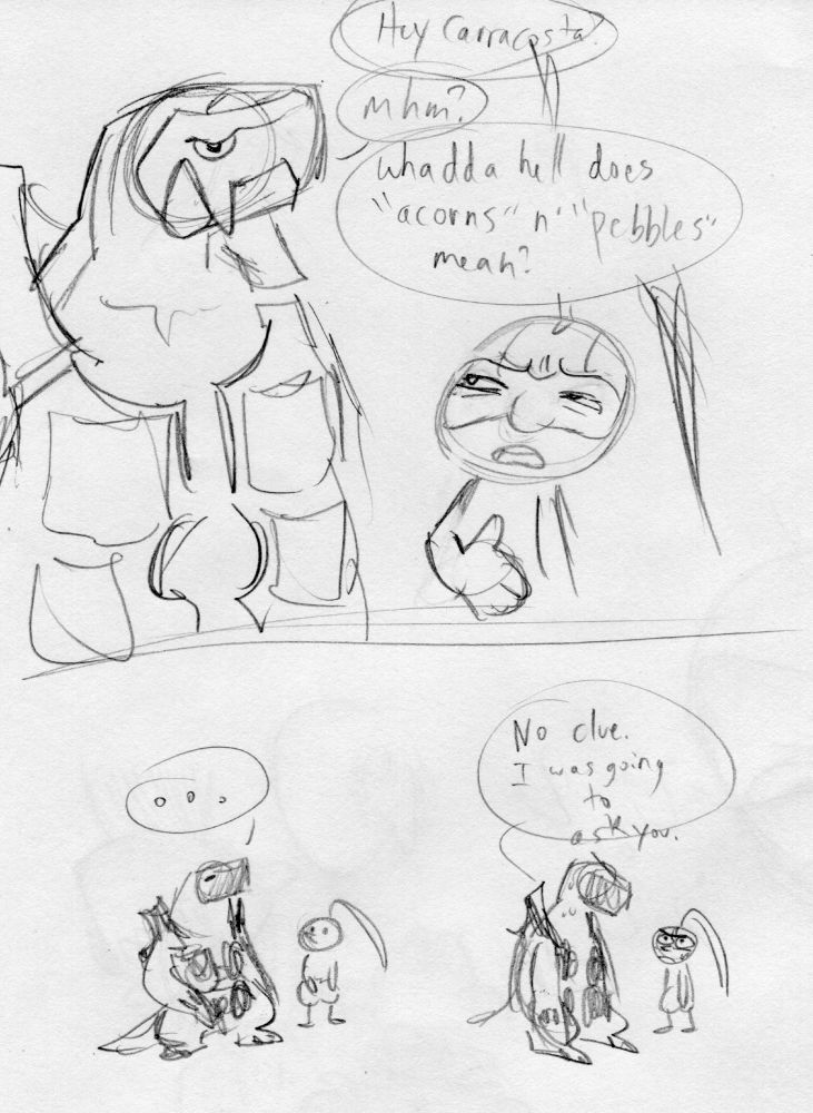 nuzleaf asks carracosta what pebbles and acorns means. he doesn't know either.