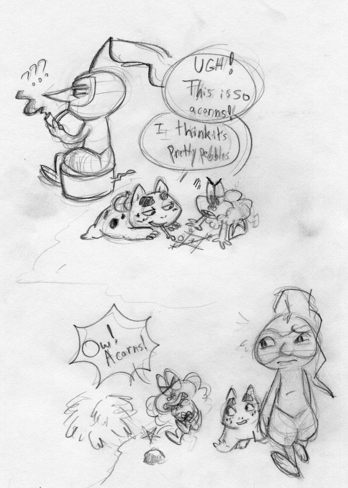nuzleaf listens to his kid and another use Pebbles and Acorns in a way that he doesn't understand