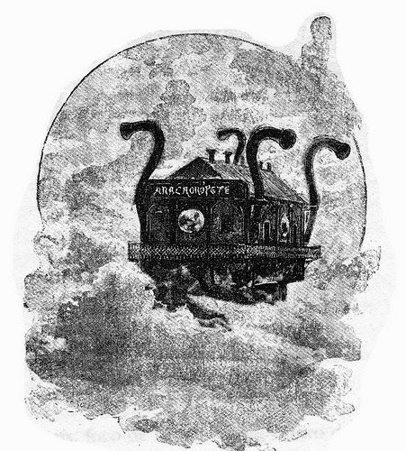 Black and white illustration of the time ship from Enrique Gaspar's 1887 novel El anacronópete. The ship looks like a simple, rectangular building with a large horn-like tube attached to each corner. There are doors, windows, and chimneys. The ship floats through the clouds against the backdrop of a full moon.