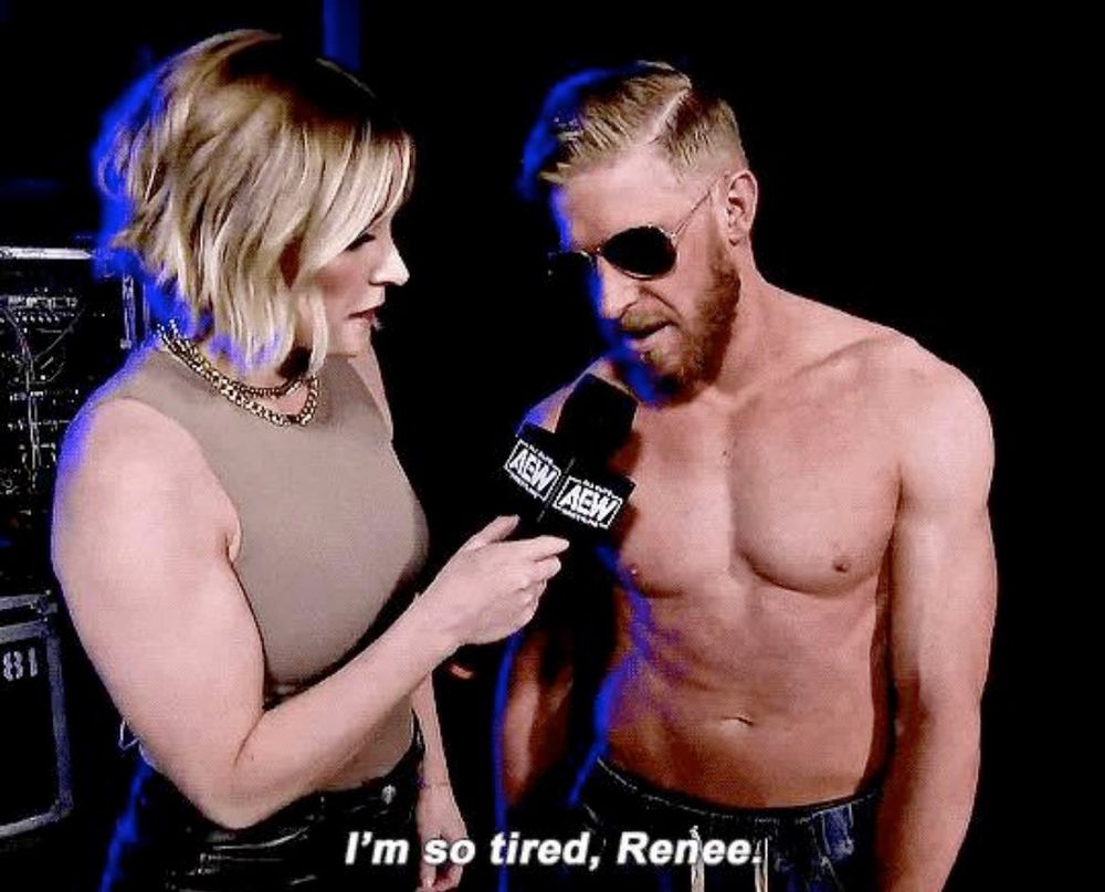 Orange Cassidy saying “I’m so tired, Renee” to Renee Paquette