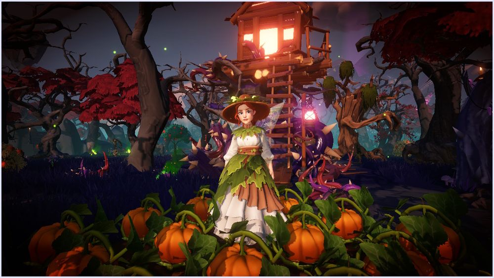 My Dreamlight Valley character dressed in a green and brown witch outfit in the middle of some of my pumpkins in the Forgotten Lands in front of a creepy treehouse.