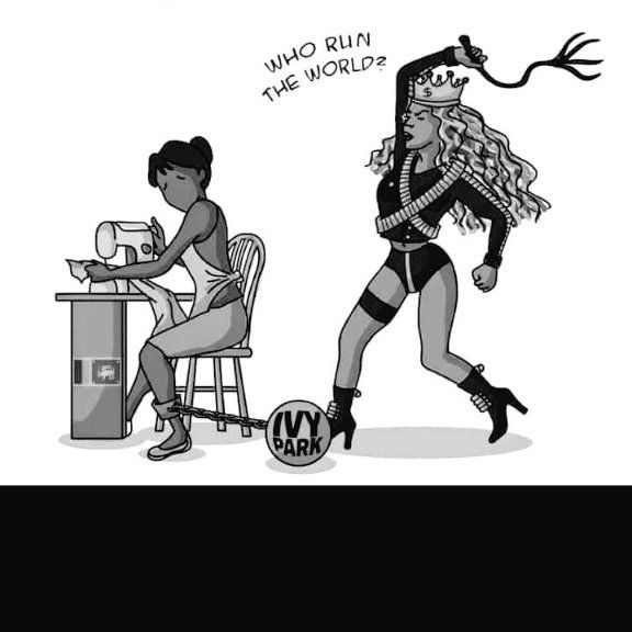 A woman in underwear, heels, a top and a tiara is holding a whip threateningly over another woman who is seated at a sewing machine. The tailor's leg is chained to a ball. [The ball is captioned IVY PARK].  