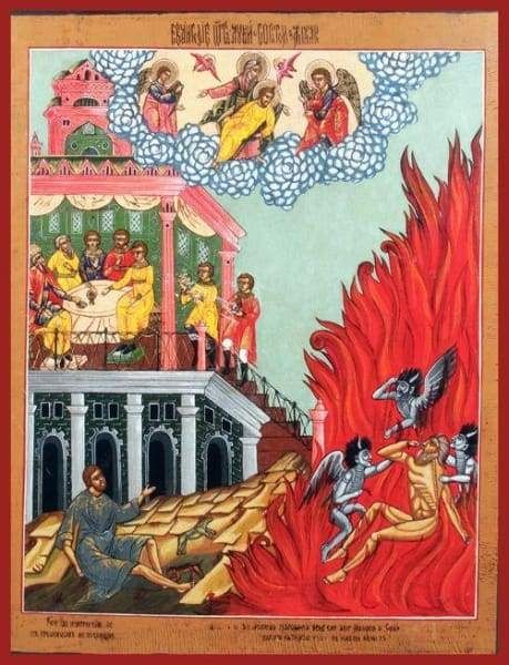 An icon of the rich man and Lazarus featuring the rich man, in the lower right corner, burning in hell.
