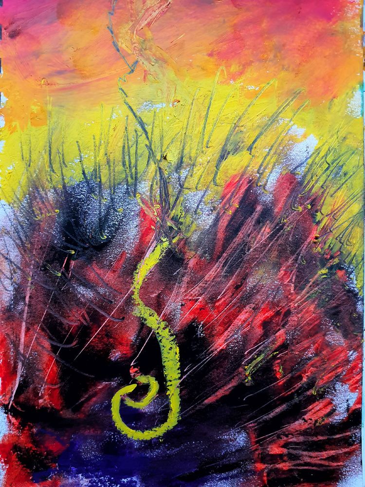 Painting with a spiral in the middle and red blue and purple colors that look like hairs with an light Orange background