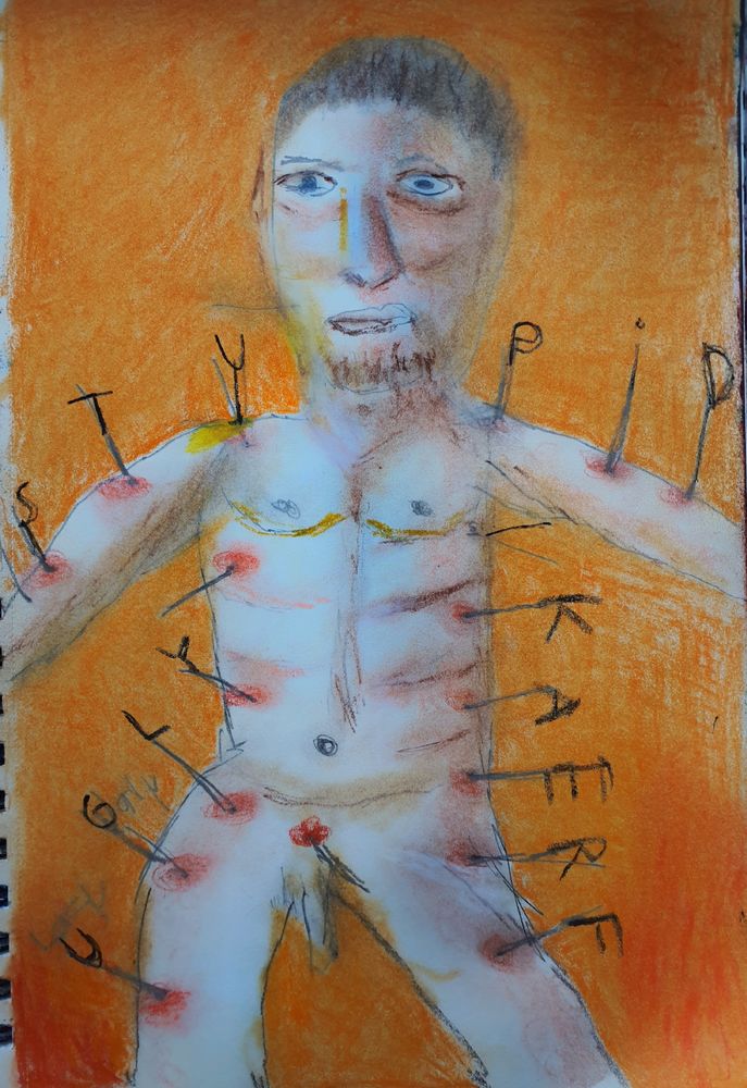 A picture of a drawing of a naked  masculine person with needles sticking in them and out of every needle comes a letter  saying words like uglz , freak, stupid, 