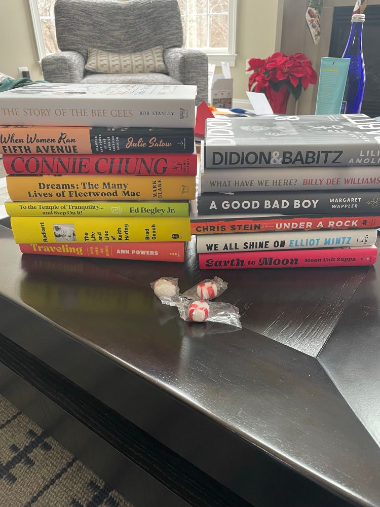 Two piles of books, including celebrity memoirs (Chris Stein, Connie Chung, Ed Begley Jr., Moon Unit Zappa, Billy Dee Williams), celebrity biographies (Bee Gees, Fleetwood Mac, Keith Haring, Joni Mitchell, Luke Perry) and one women’s history.