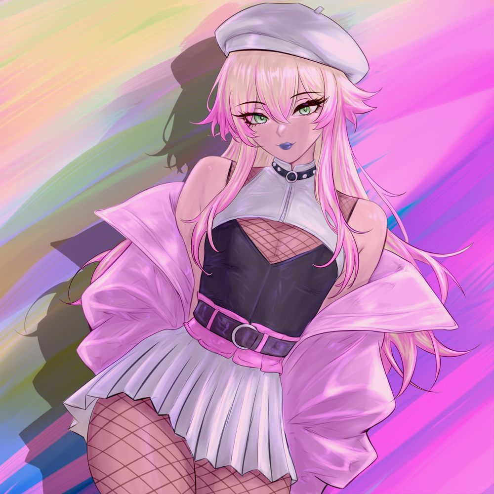 Illustration of an androgynous figure with a slim and lithe build with long blond hair streaked and tipped with light pink. A feminine build, their shoulders are bare as a puffy, light pink jacket slips down their shoulders. They have an outfit consisting of a white pleated skirt with a hot pink waistband, held up by a belt. A black top clings to their midriff, with a cutout along the neck and cleavage zone, with their neck and collarbone covered by a white leather top pieces with a zippe. They have a collar with metal studs and a ring, and a white beret, with a fishnet bodysuit beneath it all that hugs their torso and legs but leaves their arms and shoulders bare. 

Indigo lipstick and green eyes with long, large eyelashes.