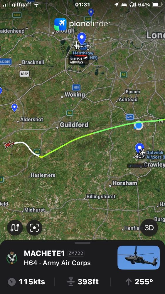 Track of helicopter gunship on Planefinder