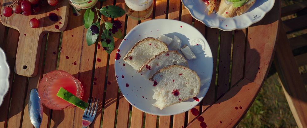 An outdoor table on a sunny day. A display of sandwiches and drinks are covered in a splattering of blood.
