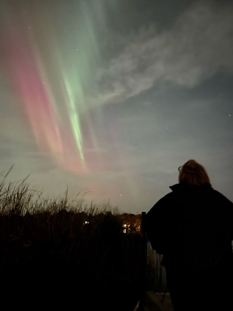 A silhouette of a figure in front of a streak of purple and green from the Aurora Borealis