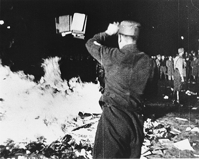 A black and white photo of a uniformed Nazi in the foreground tossing a number of books into a large bonfire while a crowd in the background gathers.