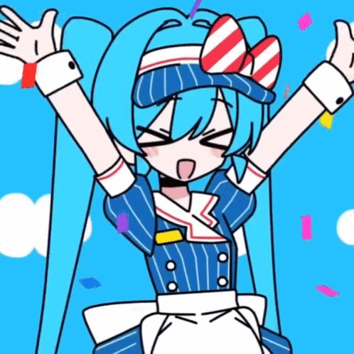 a cartoon girl with blue hair and a red and white bow on her head