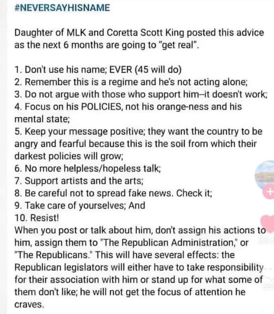 List of actions, don't use his name use '45', don't argue with supporters, keep messaging positive, no more helpless/hopeless talk, support artists/arts, don't spread fake news, resist, assign actions to Republican legislators not him