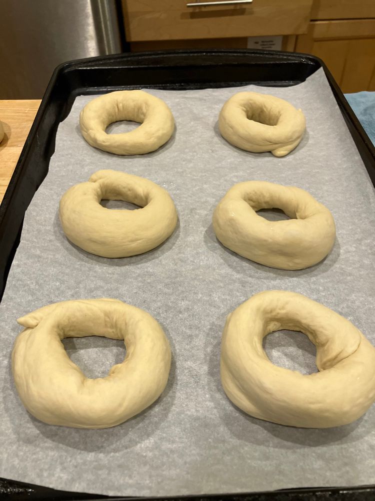 six pieces of bagel dough on a sheet pan