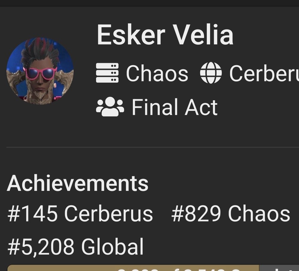 ffxivcollect page for Esker Velia. Ranking #145 on Cerberus 