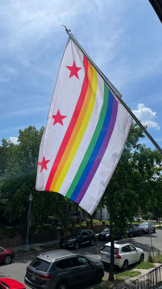 DC flag on a front porch. It’s a pride/rainbow version of the DC flag (red, orange, and yellow stripes replacing the top bar; green, blue, and purple stripes replacing the bottom bar.