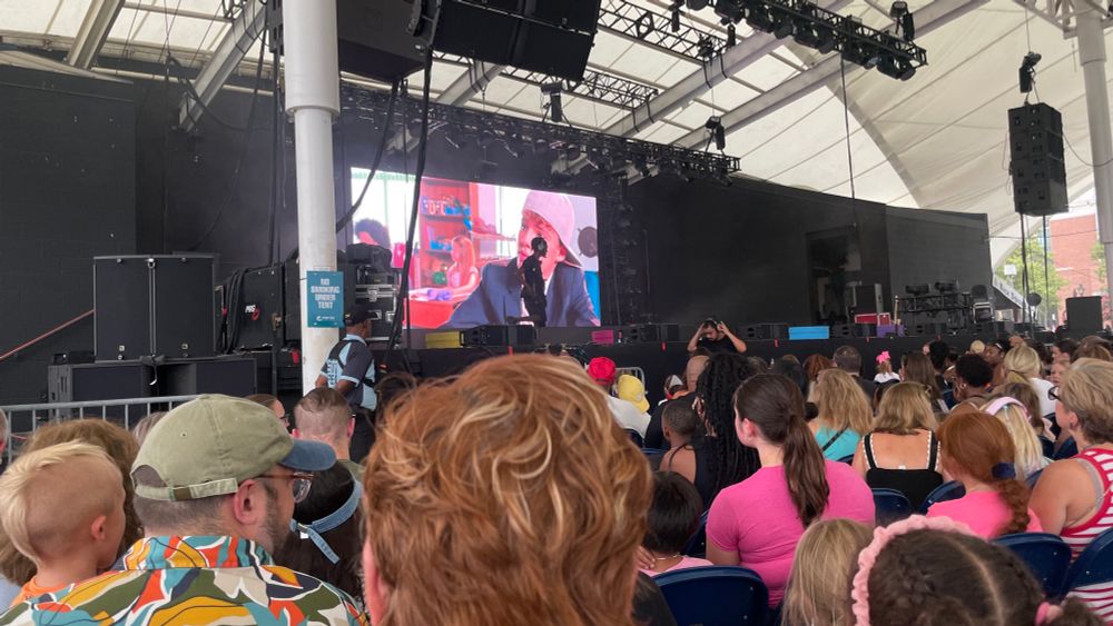 Picture of the stage at Pier Six Pavilion. Setting up for Kidz Bop.