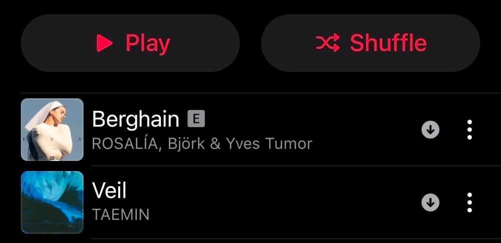 Apple music playlist with the songs Berghain by Rosalía and Veil by Taemin.