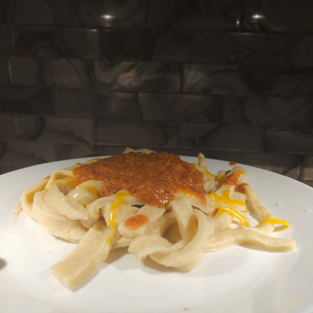Egg noodles with cheese and pasta sauce