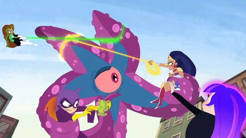 a group of cartoon characters fighting a purple octopus