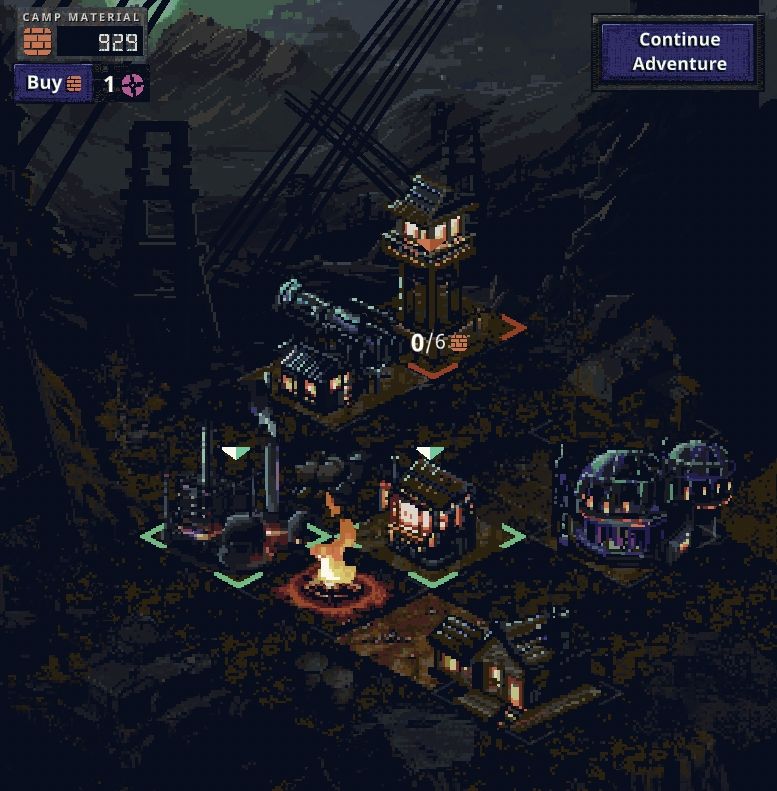 Pixel Art Illustration of the dystopian campsite of the game Rogue Voltage