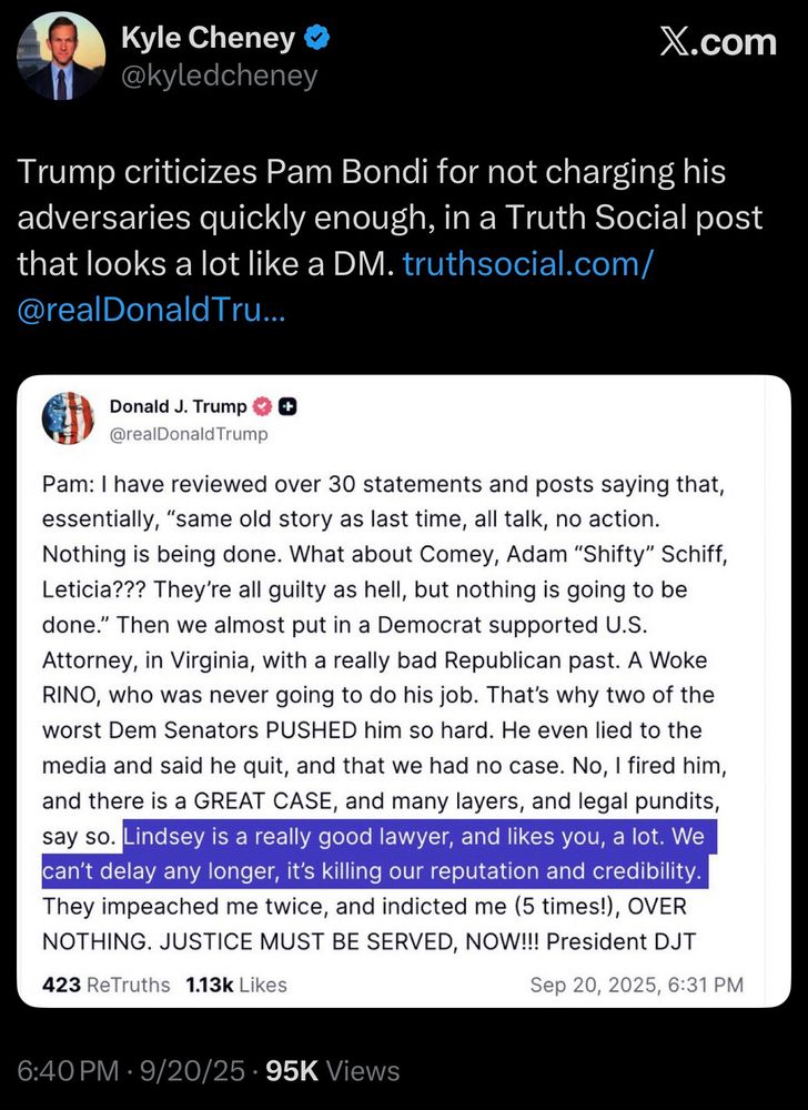 Trumps post telling his AG to weaponize the Department of Justice. 