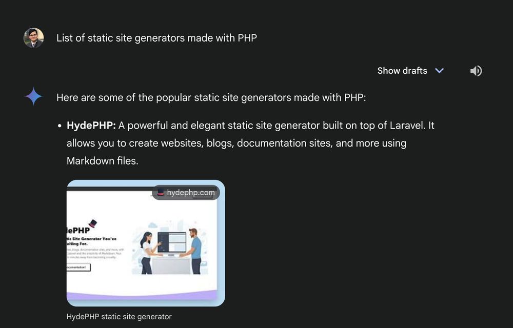 A list of static site generators made with PHP, featuring HydePHP as a prominent example. The image shows the HydePHP logo and website screenshot.







