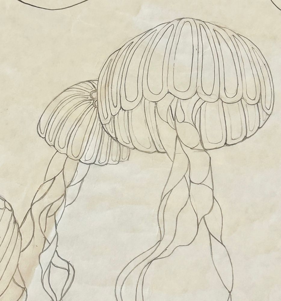Drawing of jellyfish in pencil on my layout for the next page of the book. Will be using this drawing to cut out pattern pieces in batiste and organza to make the jellyfish.