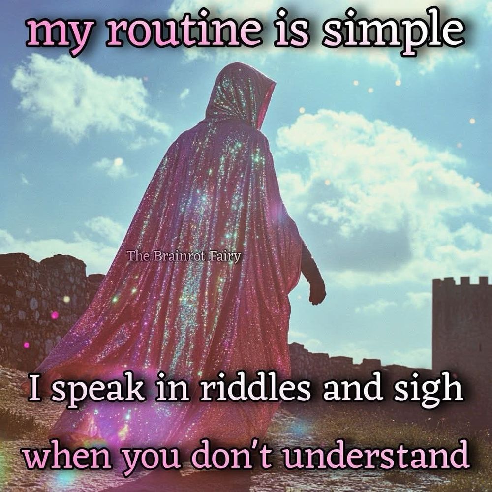 A rouge dressed in a sparkly pink cloak headed towards a tower with text that reads: “My routine is simple: I speak in riddles and sigh when you don’t understand.”