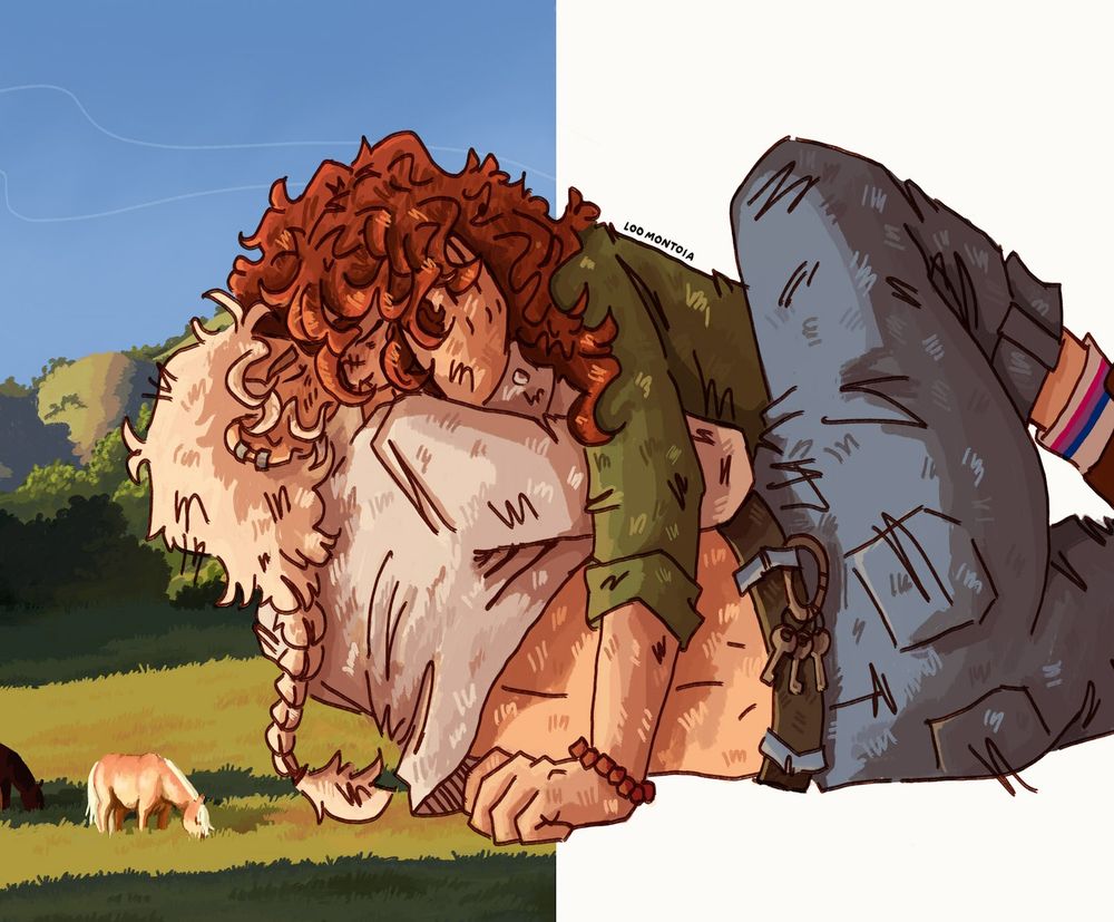 Fanart of Alicent and Rhaenyra from house of the dragon, but make it western, Alicent has curly reddish hair, a green blouse and a red bracelet ,she's on top of Rhaenyra (who has white/silver hair tied in a braid, white blouse, blue jeans, socks with the bisexual flag on it and a carabiner with 3 keys on her black belt) they are both kissing, Alicent on top with Rhaenyras hand on her face, there's half of a background with a horse and a a little landscape with lots of trees and green, a clear blue sky