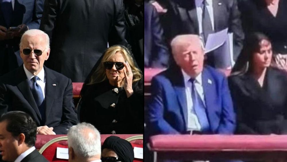 Side by side comparison of Joe Biden and trump at the Pope's funeral, with Biden alert and attentive and trump asleep with his mouth agape. Photo is captioned, "sleepy, WHO?!?" 