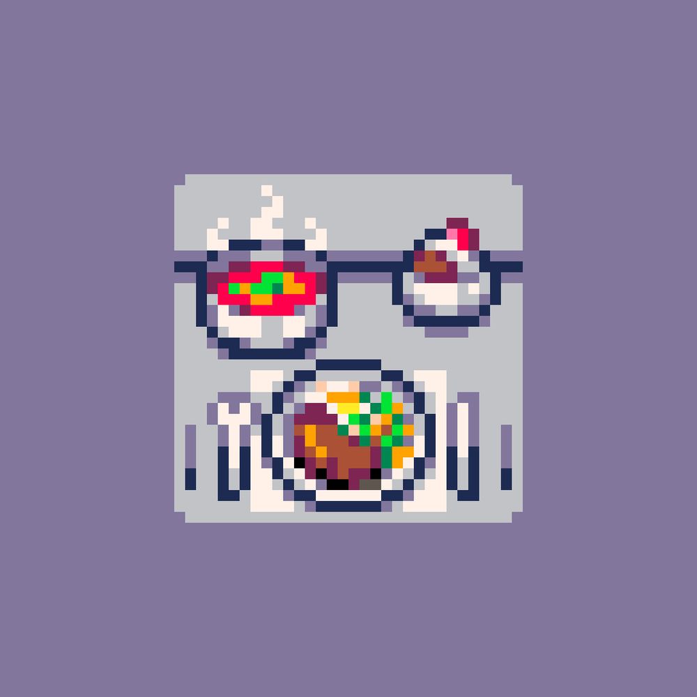 32x32 pixel art of  a bowl of soup, a plate of steak and veggies, and a serving of ice cream, using the PICO-8 palette