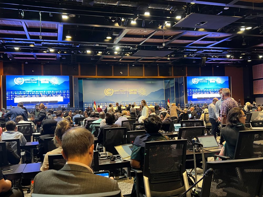Large plenary meeting room at COP27. There are rows of desks, with people seated at the desks, facing a large stage with two big screens either side of it.