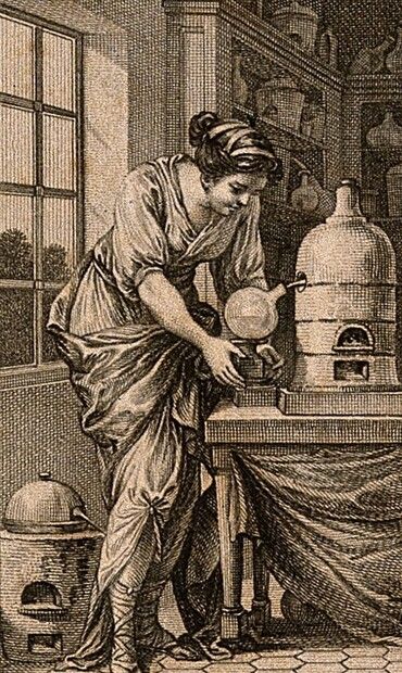 An old timey engraving of a woman next to some scientific kit on a workbench.