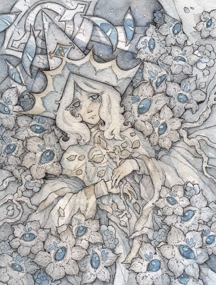 Ballpoint pen and watercolor artwork of a human Truthless Recluse Pure Vanilla Cookie from Cookie Run Kingdom, surrounded by stylized vanilla orchids with blue eyes 