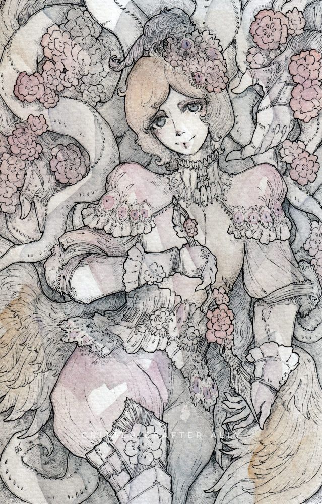 ballpoint pen and watercolor artwork of an androgynous humanoid angelic being in silver and pink armor, flanked by pink flowers and tentacles and holding an embellished arrow