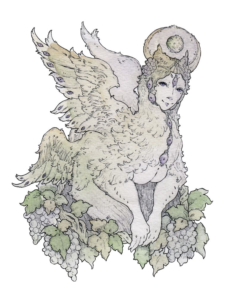 Ballpoint pen and watercolor artwork of an angelic being with four wings and purple eyes, surrounded by a ring of grapes
