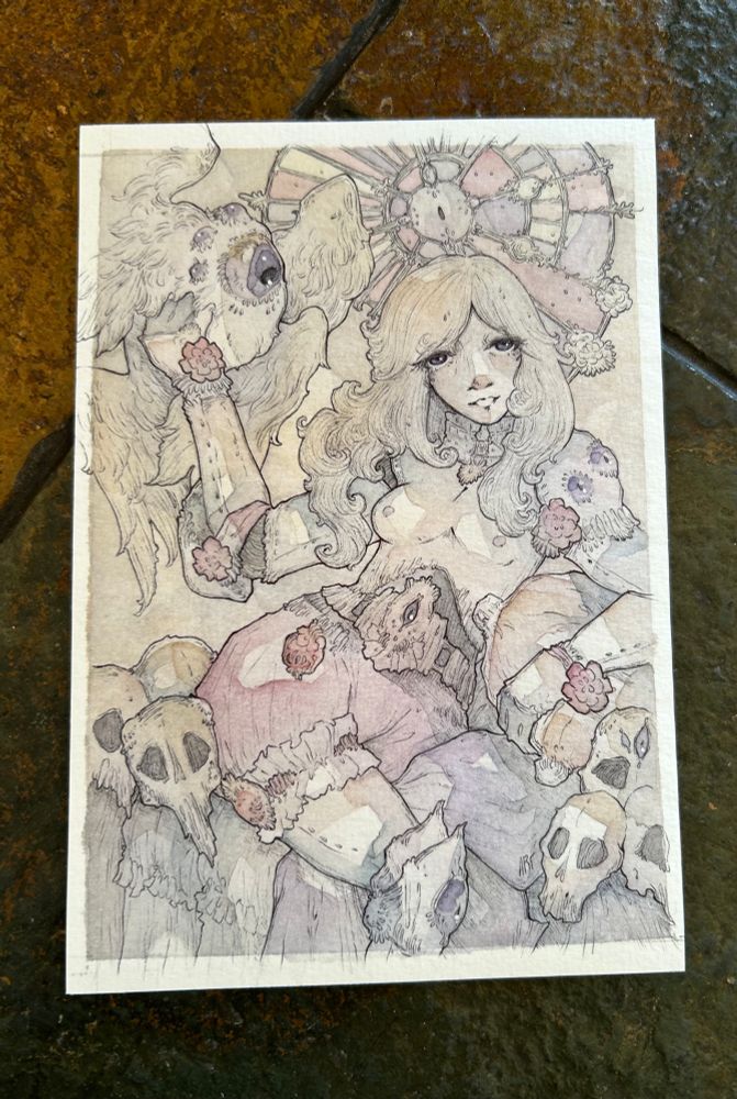 Ballpoint pen and watercolor artwork of a feminine-bodied automaton with plated limbs, sitting on a ledge with indistinguishable skulls and clutching a single-eyed, muti-winged entity in her right hand.