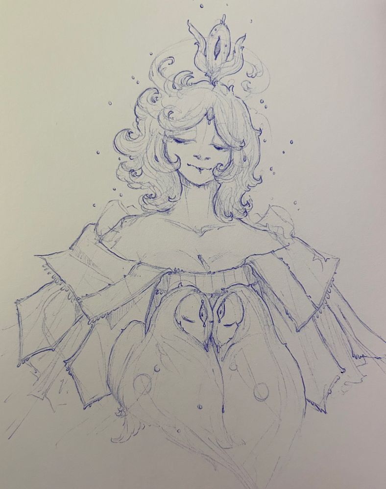 Ballpoint pen sketchbook drawing of The Herald in a thick-fabric dress, with two masked bird creatures snuggled against their chest 