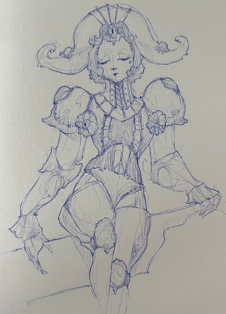 Ballpoint pen sketchbook drawing of a woman in plated armor featuring a helm with crescent-shaped horns