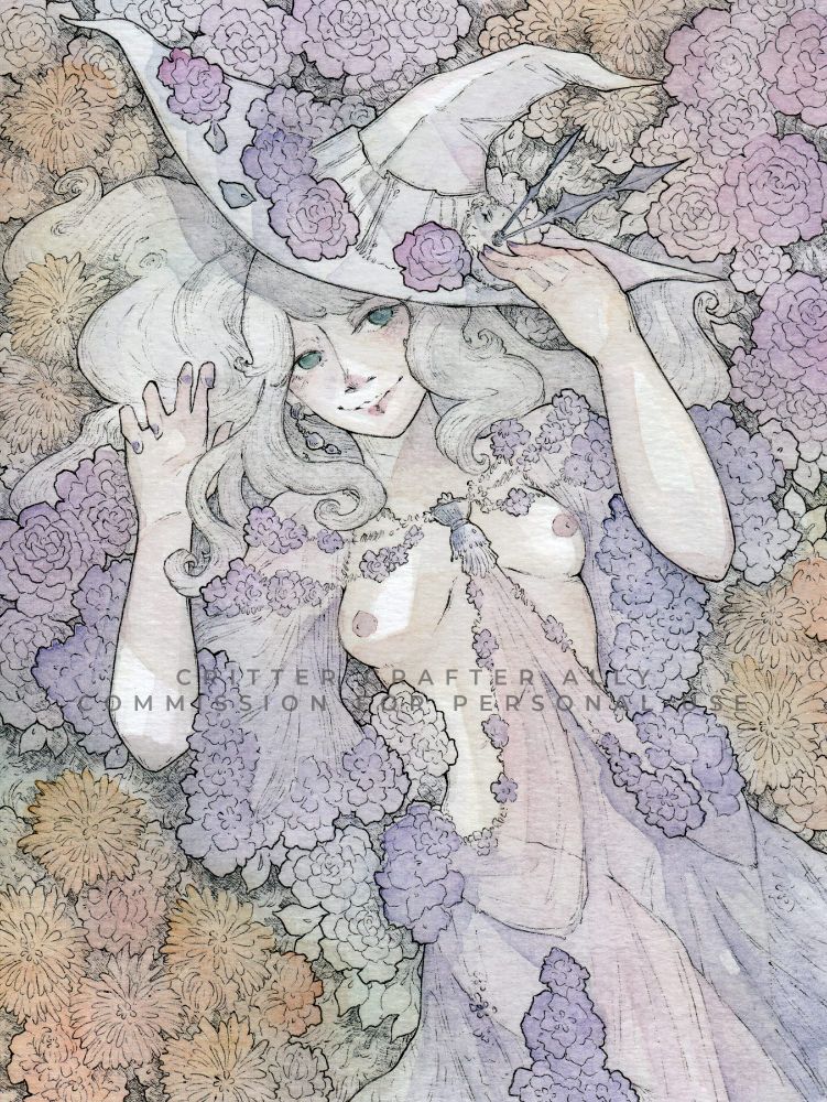 Ballpoint pen and watercolor artwork of a time witch in a flowing sheer dress adorned with purple flowers, surrounded by a field of roses and chrysanthemums and holding a white wide-brimmed hat