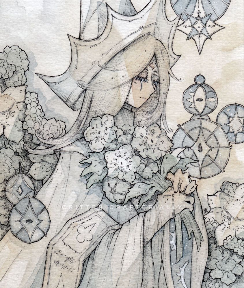 Traditional ballpoint pen and watercolor artwork of a human awakened Pure Vanilla Cookie from Cookie Run Kingdom, holding a small, mixed bouquet of flowers