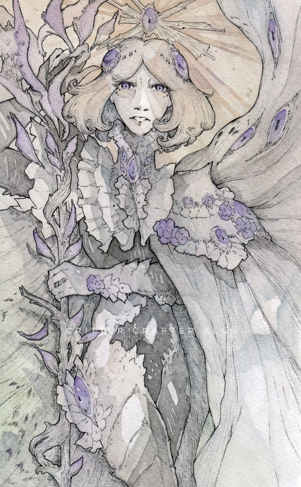 Traditional ballpoint pen and watercolor artwork of original character Galea - a divine being in the form of a lean man wearing plated monochrome armor and frilled capes studded with violet flowers and eyed jewels, conjuring a polearm spouting violet petals