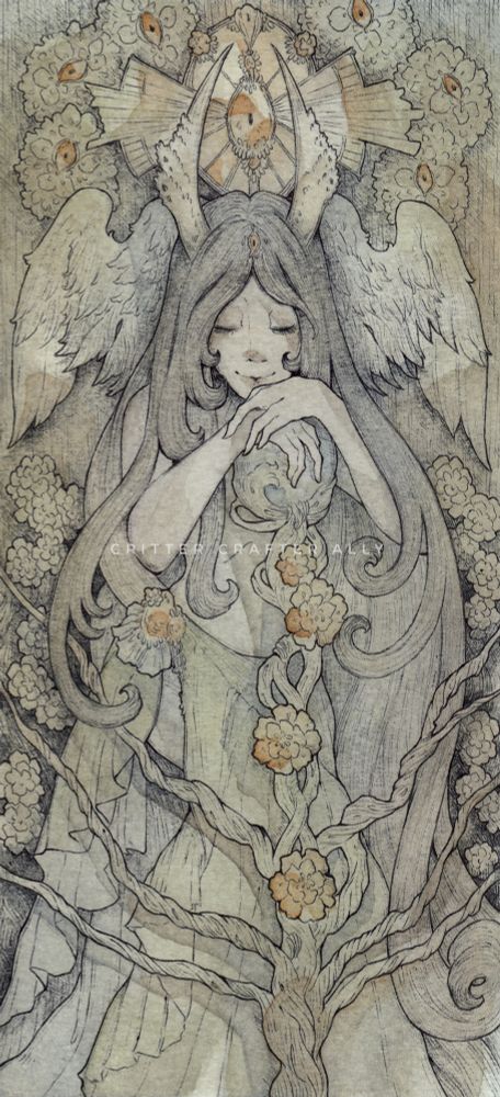 Ballpoint pen and watercolor artwork of original character "The Herald," a feminine figure with wavy hair in a gray dress, holding a winged human-faced creature in each arm