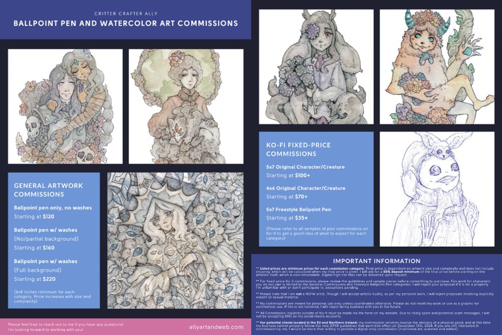 Critter Crafter Ally
Ballpoint Pen and Watercolor Art Commissions pricing and info sheet