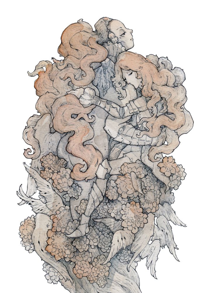 Ballpoint pen and watercolor artwork of two embracing androgynous figures with long, wavy orange hair, atop a platform of small wings and orange flowers
