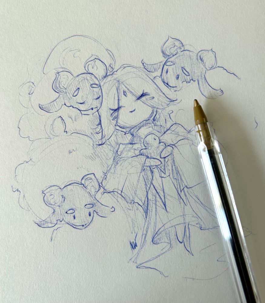 Ballpoint pen sketchbook drawing of Pure Vanilla Cookie from Cookie Run Kingdom snuggling with three cream sheep 