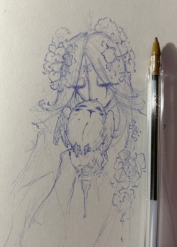 Ballpoint pen sketchbook drawing of a human Pure Vanilla Cookie from Cookie Run Kingdom, kissing the head of a blueberry bird 