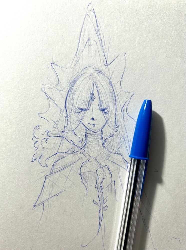 Ballpoint pen sketchbook drawing of a human Pure Vanilla Cookie from Cookie Run Kingdom, holding a lily 