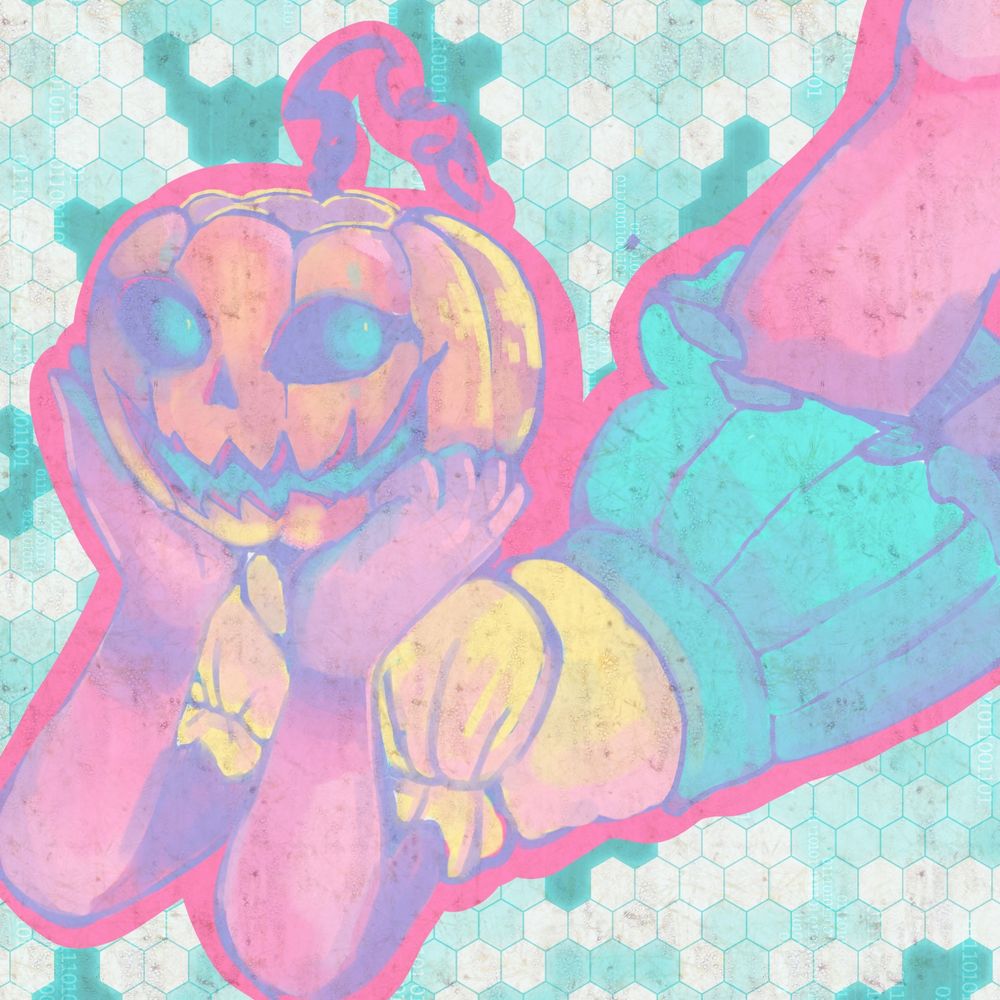 A girl with a pumpkin for head lies on her stomache, head propped on her hands. She is rendered in pastel shades.